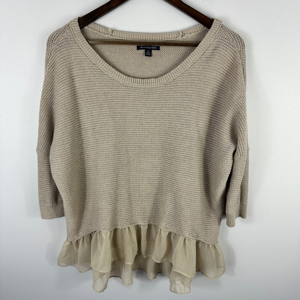 American Eagle Ruffle Hem Sweater Womens Small Beige Oversized Romantic Feminine